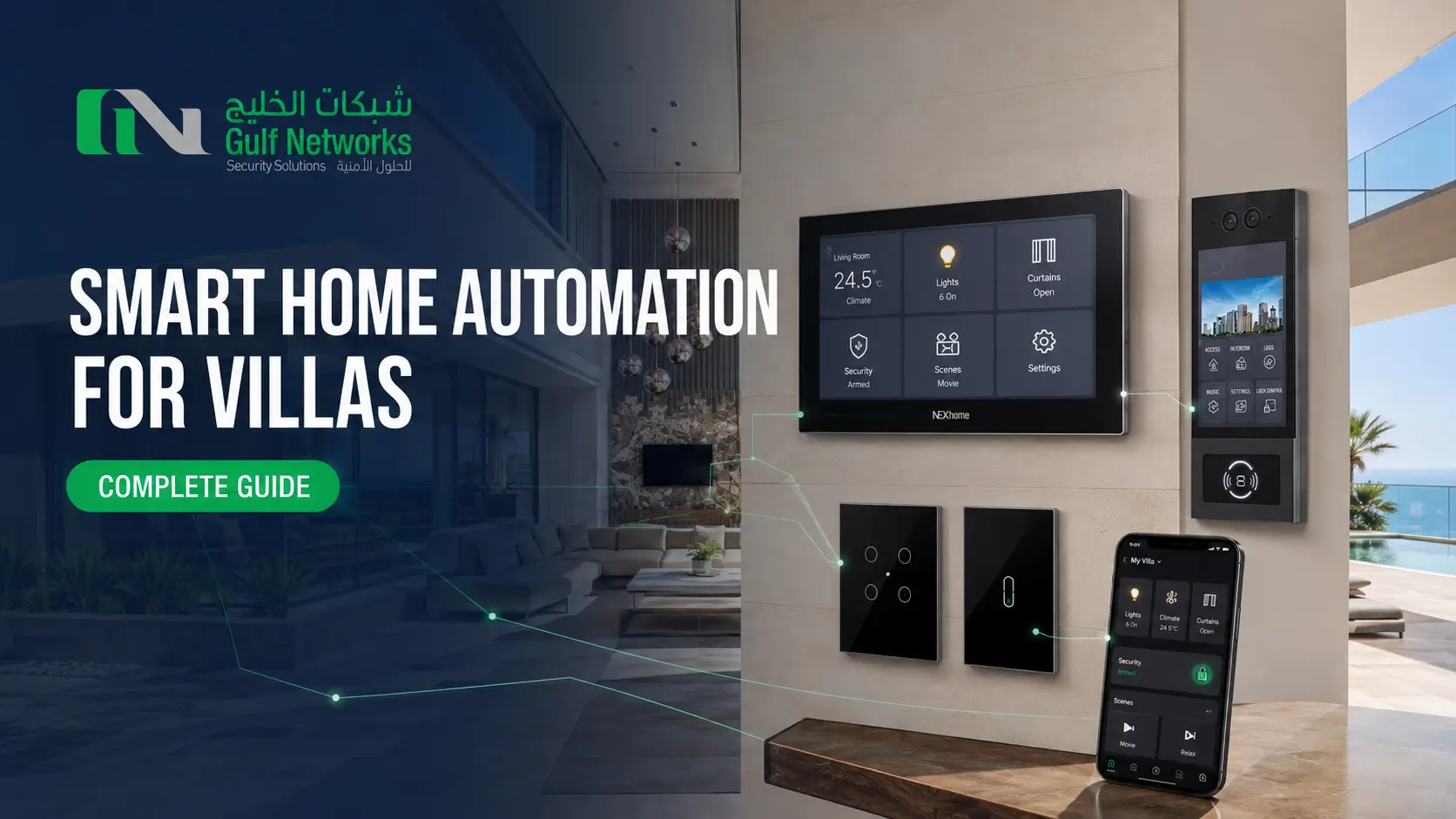 Smart villa automation with lighting, climate control, curtains, security and mobile app control